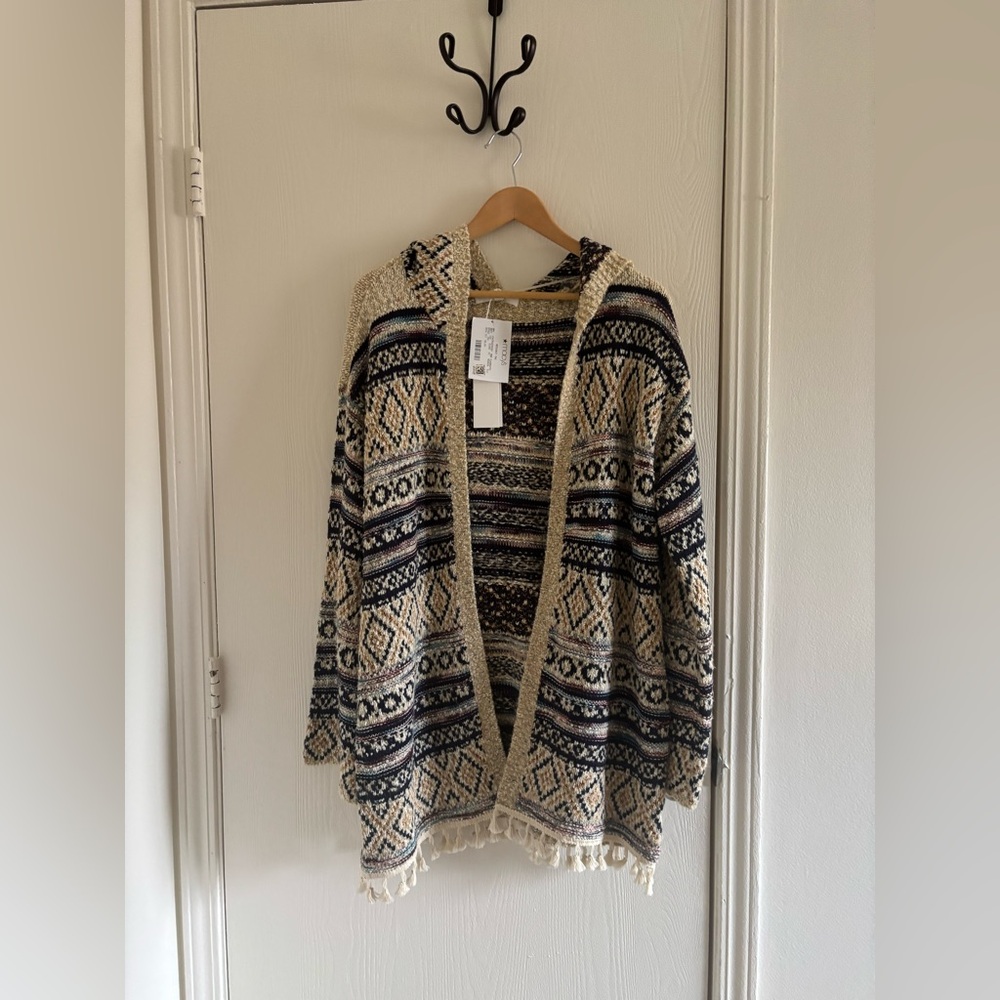 NWT Adyson Parker Boho Open Knit Hooded Cardigan Fringe Multicolor Women’s Sz L